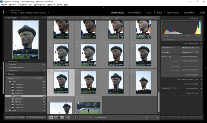 Er is een foto geselecteerd in de bibliotheekweergave van Adobe Photoshop Lightroom