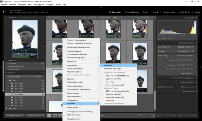 Het omzettenmenu is geopend in Adobe Photoshop Lightroom