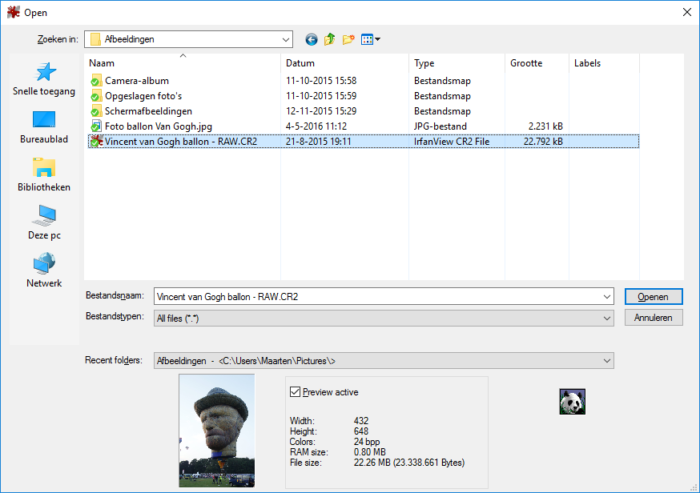 Toont het Open-venster in IrfanView
