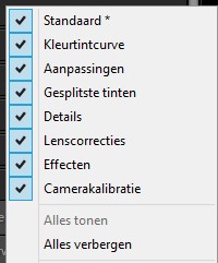 Je ziet hier een lijstje met opties die je op het tabblad Ontwikkelen (Develop) kunt in- en uitschakelen in Adobe Photoshop Lightroom.