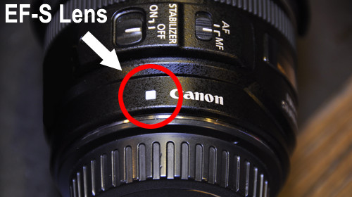 Het witte vierkantje geeft aan dat dit een Canon EF-S objectief is