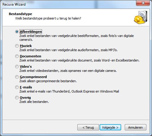 Recuva Wizard - Selecteer bestandstype