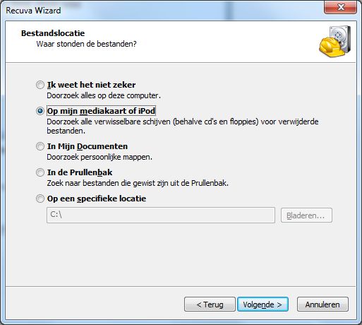 Recuva Wizard - Selecteer bestandslocatie